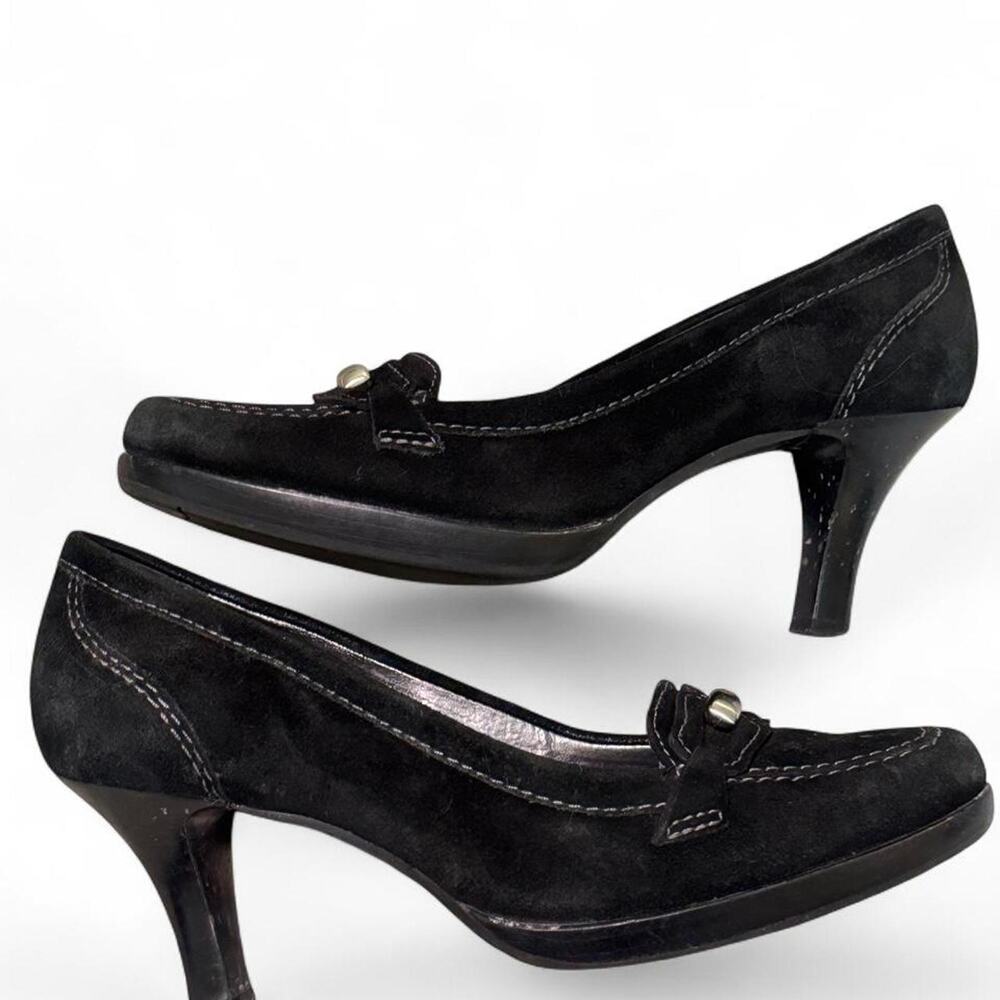 Black suede leather loafers with silver detail